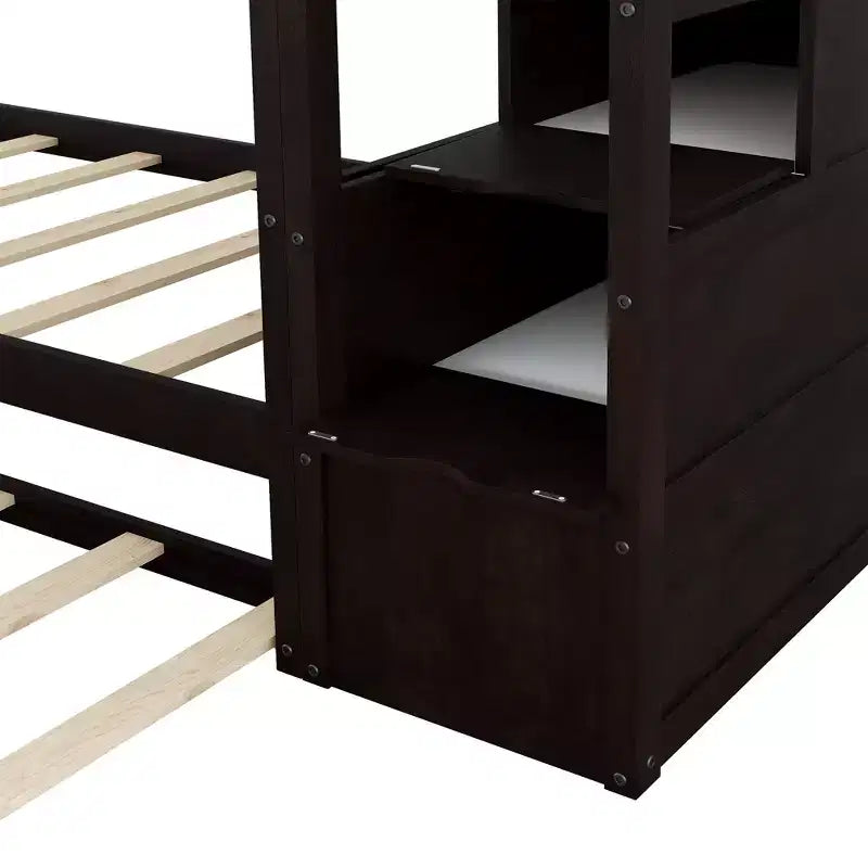 Letto a castello singolo su singolo con letto estraibile e scale con vani portaoggetti, letto a castello in legno con sponde di sicurezza a tutta lunghezza