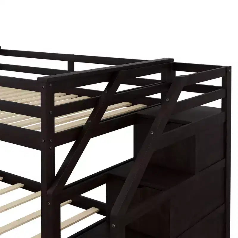 Letto a castello singolo su singolo con letto estraibile e scale con vani portaoggetti, letto a castello in legno con sponde di sicurezza a tutta lunghezza