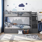 Letto a castello singolo su singolo con letto estraibile e scale con vani portaoggetti, letto a castello in legno con sponde di sicurezza a tutta lunghezza