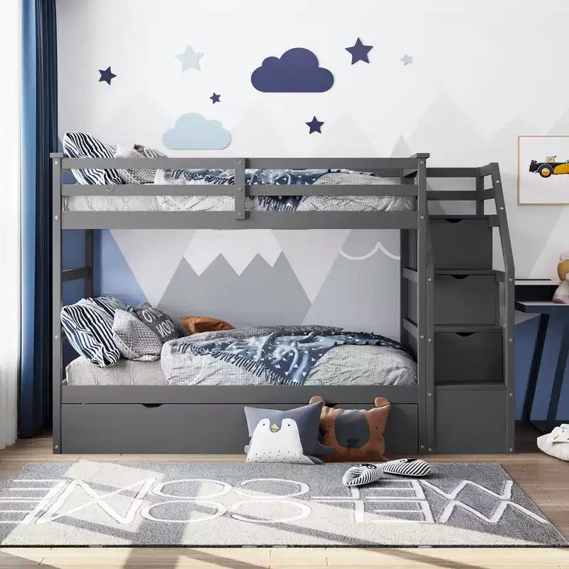 Letto a castello singolo su singolo con letto estraibile e scale con vani portaoggetti, letto a castello in legno con sponde di sicurezza a tutta lunghezza