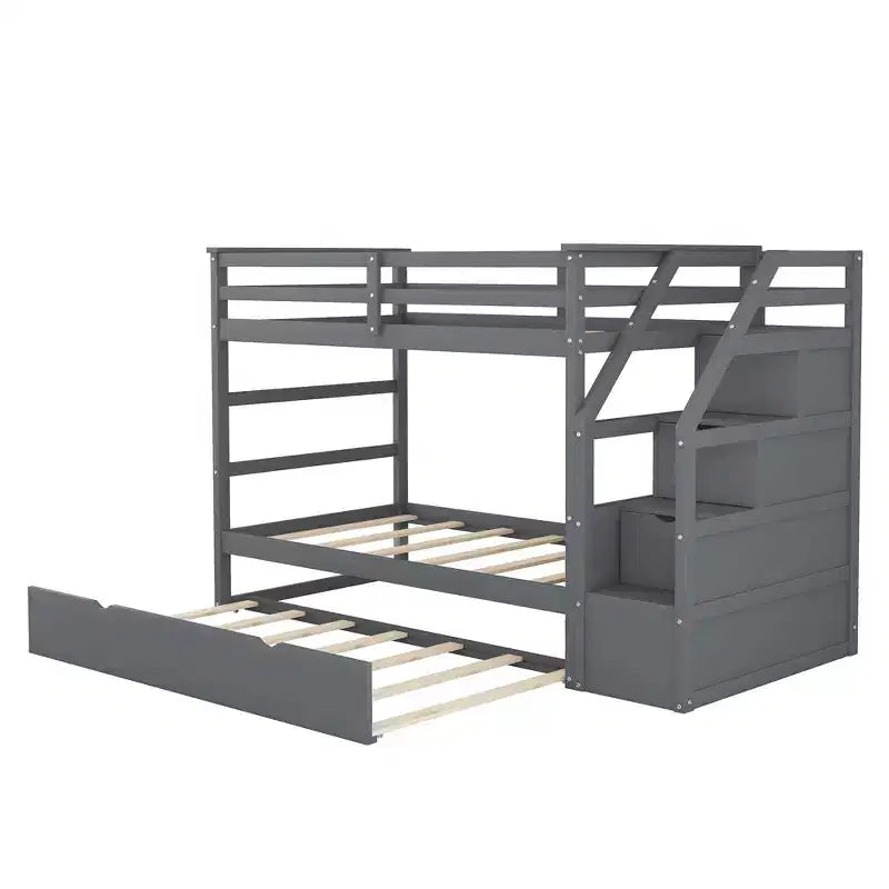 Letto a castello singolo su singolo con letto estraibile e scale con vani portaoggetti, letto a castello in legno con sponde di sicurezza a tutta lunghezza
