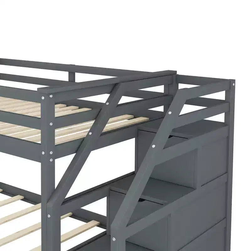 Letto a castello singolo su singolo con letto estraibile e scale con vani portaoggetti, letto a castello in legno con sponde di sicurezza a tutta lunghezza