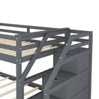 Letto a castello singolo su singolo con letto estraibile e scale con vani portaoggetti, letto a castello in legno con sponde di sicurezza a tutta lunghezza