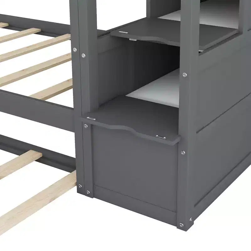 Letto a castello singolo su singolo con letto estraibile e scale con vani portaoggetti, letto a castello in legno con sponde di sicurezza a tutta lunghezza