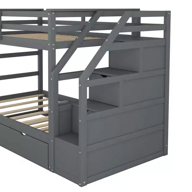 Letto a castello singolo su singolo con letto estraibile e scale con vani portaoggetti, letto a castello in legno con sponde di sicurezza a tutta lunghezza