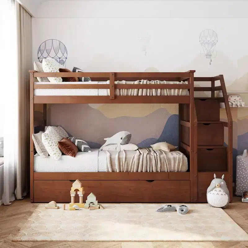 Letto a castello singolo su singolo con letto estraibile e scale con vani portaoggetti, letto a castello in legno con sponde di sicurezza a tutta lunghezza