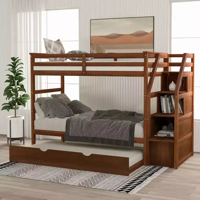 Letto a castello singolo su singolo con letto estraibile e scale con vani portaoggetti, letto a castello in legno con sponde di sicurezza a tutta lunghezza