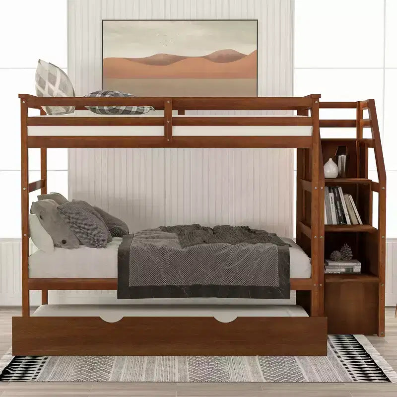 Letto a castello singolo su singolo con letto estraibile e scale con vani portaoggetti, letto a castello in legno con sponde di sicurezza a tutta lunghezza