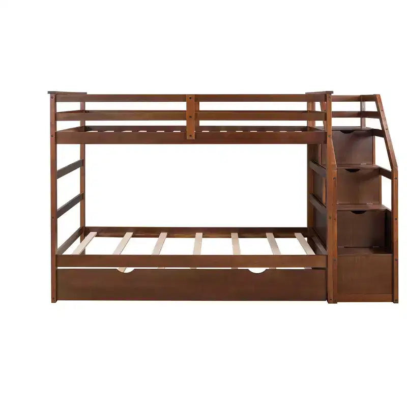 Letto a castello singolo su singolo con letto estraibile e scale con vani portaoggetti, letto a castello in legno con sponde di sicurezza a tutta lunghezza