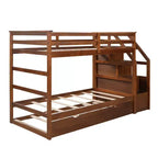 Letto a castello singolo su singolo con letto estraibile e scale con vani portaoggetti, letto a castello in legno con sponde di sicurezza a tutta lunghezza