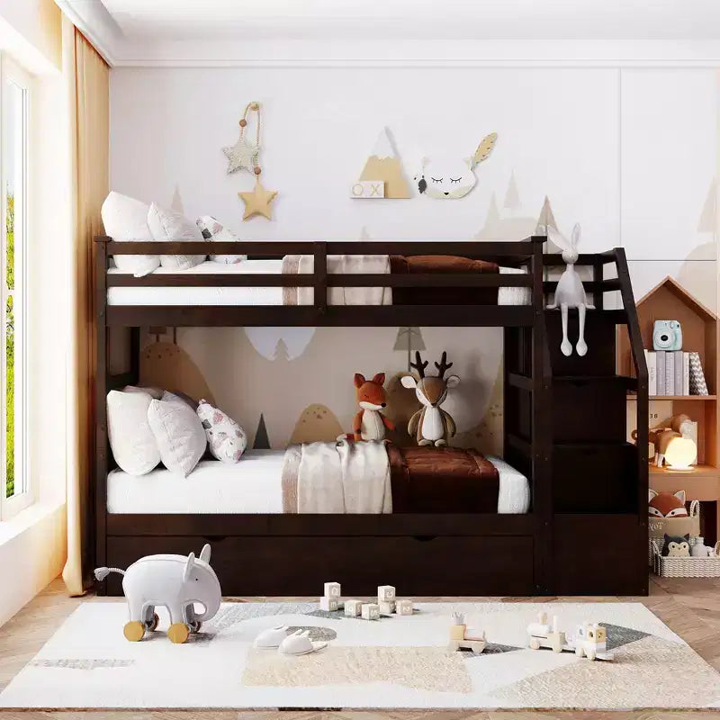 Letto a castello singolo su singolo con letto estraibile e scale con vani portaoggetti, letto a castello in legno con sponde di sicurezza a tutta lunghezza