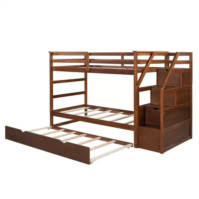 Letto a castello singolo su singolo con letto estraibile e scale con vani portaoggetti, letto a castello in legno con sponde di sicurezza a tutta lunghezza