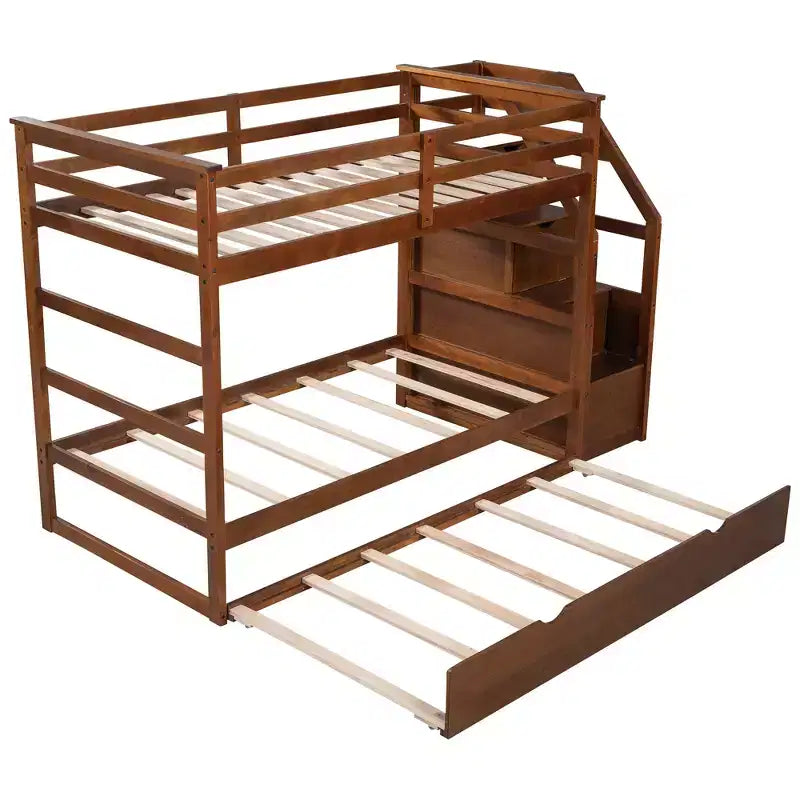 Letto a castello singolo su singolo con letto estraibile e scale con vani portaoggetti, letto a castello in legno con sponde di sicurezza a tutta lunghezza