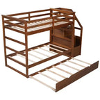 Letto a castello singolo su singolo con letto estraibile e scale con vani portaoggetti, letto a castello in legno con sponde di sicurezza a tutta lunghezza
