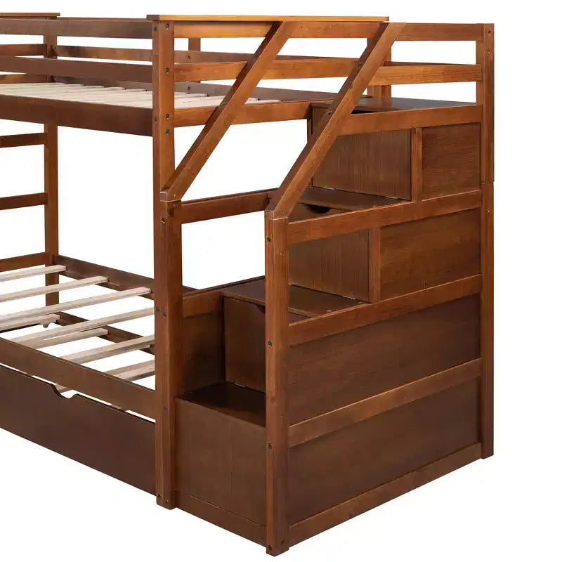 Letto a castello singolo su singolo con letto estraibile e scale con vani portaoggetti, letto a castello in legno con sponde di sicurezza a tutta lunghezza