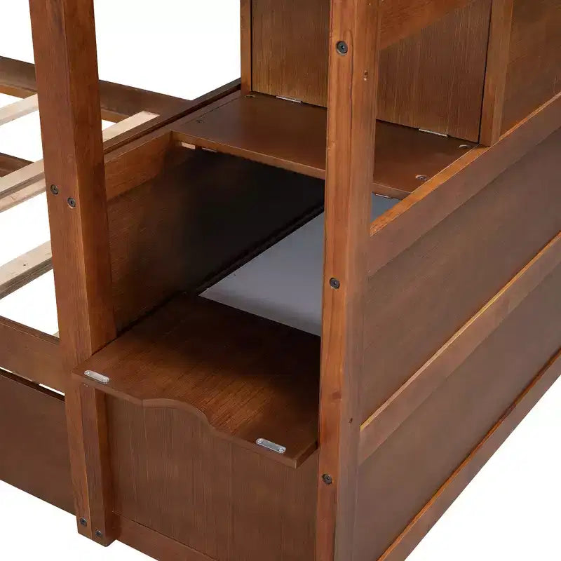 Letto a castello singolo su singolo con letto estraibile e scale con vani portaoggetti, letto a castello in legno con sponde di sicurezza a tutta lunghezza