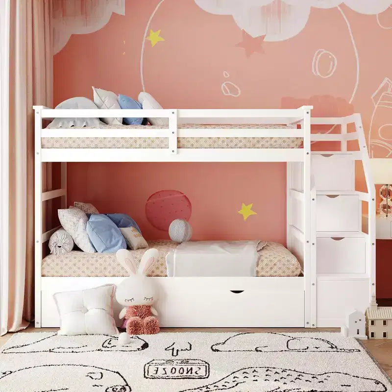 Letto a castello singolo su singolo con letto estraibile e scale con vani portaoggetti, letto a castello in legno con sponde di sicurezza a tutta lunghezza