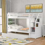 Letto a castello singolo su singolo con letto estraibile e scale con vani portaoggetti, letto a castello in legno con sponde di sicurezza a tutta lunghezza