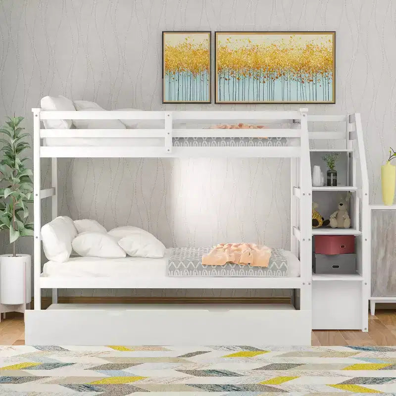 Letto a castello singolo su singolo con letto estraibile e scale con vani portaoggetti, letto a castello in legno con sponde di sicurezza a tutta lunghezza