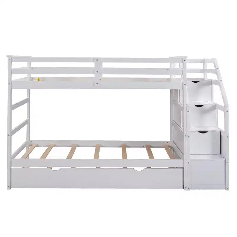 Letto a castello singolo su singolo con letto estraibile e scale con vani portaoggetti, letto a castello in legno con sponde di sicurezza a tutta lunghezza