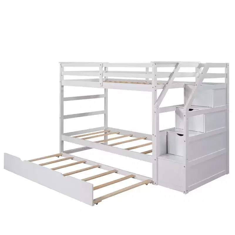 Letto a castello singolo su singolo con letto estraibile e scale con vani portaoggetti, letto a castello in legno con sponde di sicurezza a tutta lunghezza