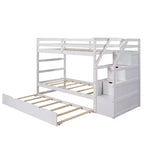 Letto a castello singolo su singolo con letto estraibile e scale con vani portaoggetti, letto a castello in legno con sponde di sicurezza a tutta lunghezza