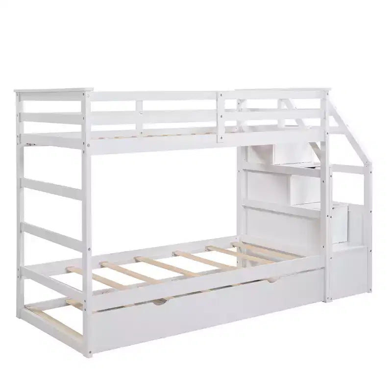 Letto a castello singolo su singolo con letto estraibile e scale con vani portaoggetti, letto a castello in legno con sponde di sicurezza a tutta lunghezza