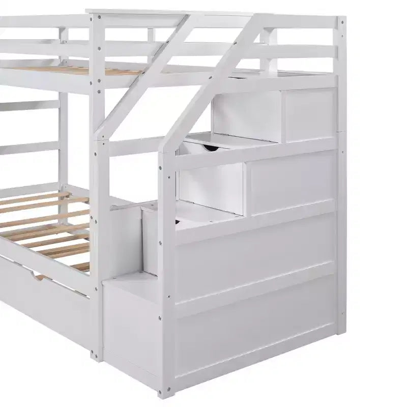 Letto a castello singolo su singolo con letto estraibile e scale con vani portaoggetti, letto a castello in legno con sponde di sicurezza a tutta lunghezza
