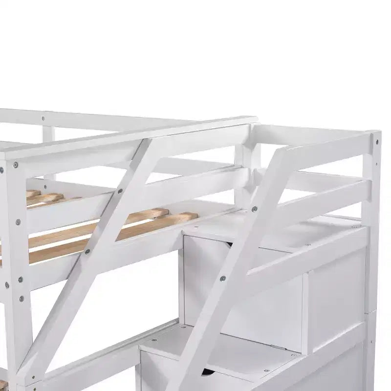 Letto a castello singolo su singolo con letto estraibile e scale con vani portaoggetti, letto a castello in legno con sponde di sicurezza a tutta lunghezza