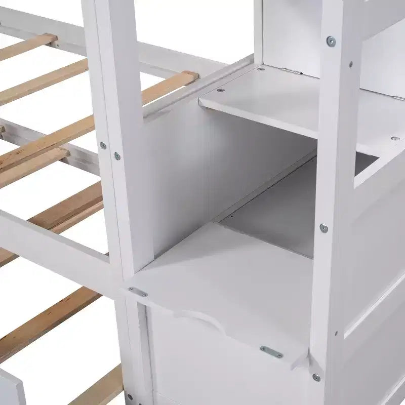 Letto a castello singolo su singolo con letto estraibile e scale con vani portaoggetti, letto a castello in legno con sponde di sicurezza a tutta lunghezza