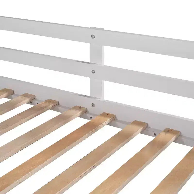 Letto a castello singolo su singolo con letto estraibile e scale con vani portaoggetti, letto a castello in legno con sponde di sicurezza a tutta lunghezza