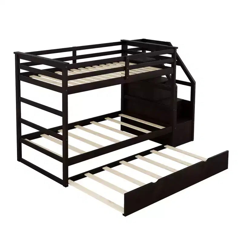 Letto a castello singolo su singolo con letto estraibile e scale con vani portaoggetti, letto a castello in legno con sponde di sicurezza a tutta lunghezza
