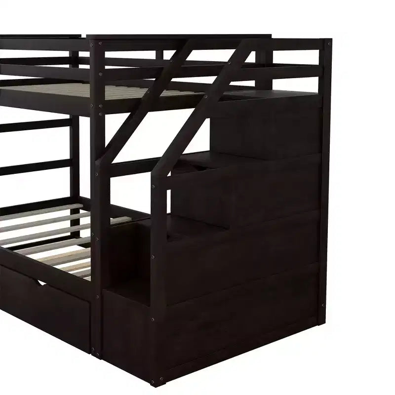 Letto a castello singolo su singolo con letto estraibile e scale con vani portaoggetti, letto a castello in legno con sponde di sicurezza a tutta lunghezza