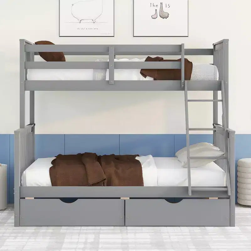 Letto a Castello con Cassetti, Struttura in Legno di Pino Massiccio e Scaletta con Sponde di Sicurezza, per Bambini e Ragazzi