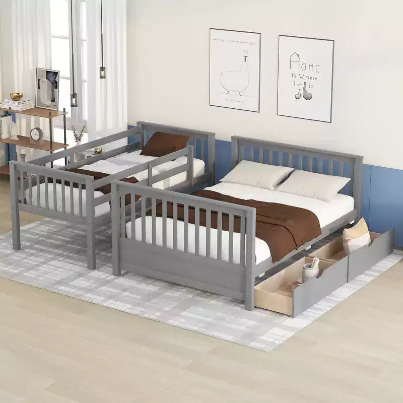 Letto a Castello con Cassetti, Struttura in Legno di Pino Massiccio e Scaletta con Sponde di Sicurezza, per Bambini e Ragazzi