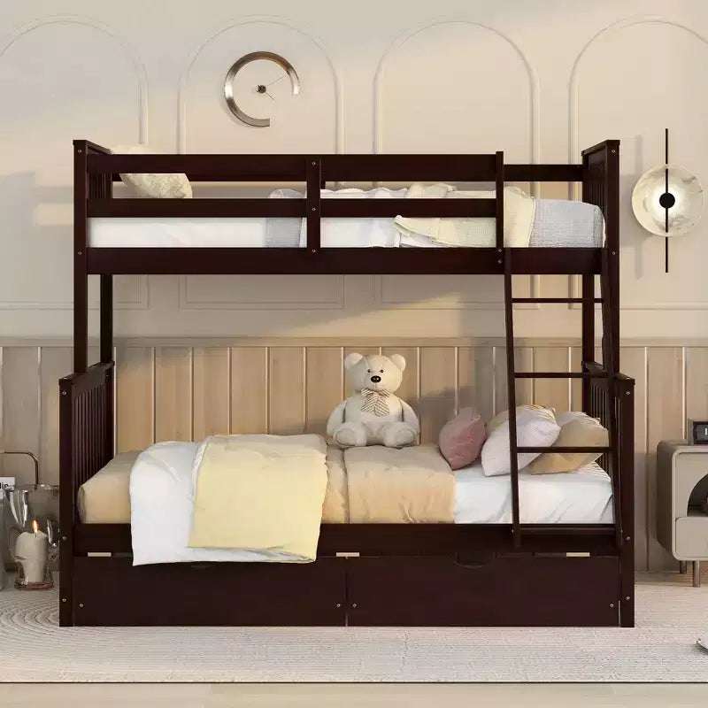 Letto a Castello con Cassetti, Struttura in Legno di Pino Massiccio e Scaletta con Sponde di Sicurezza, per Bambini e Ragazzi