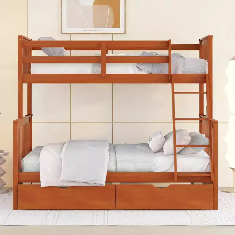 Letto a Castello con Cassetti, Struttura in Legno di Pino Massiccio e Scaletta con Sponde di Sicurezza, per Bambini e Ragazzi