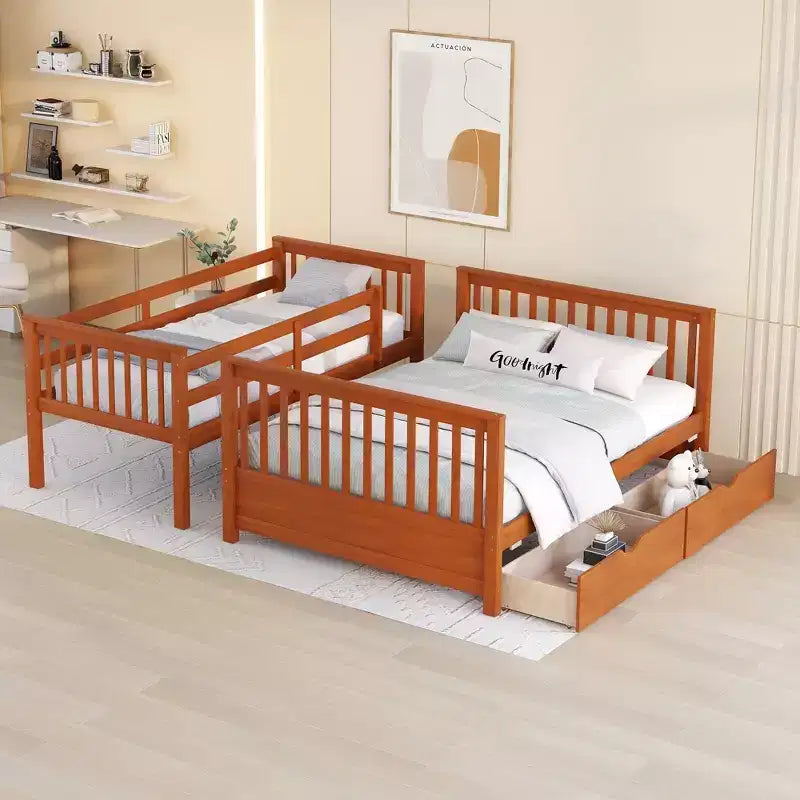 Letto a Castello con Cassetti, Struttura in Legno di Pino Massiccio e Scaletta con Sponde di Sicurezza, per Bambini e Ragazzi