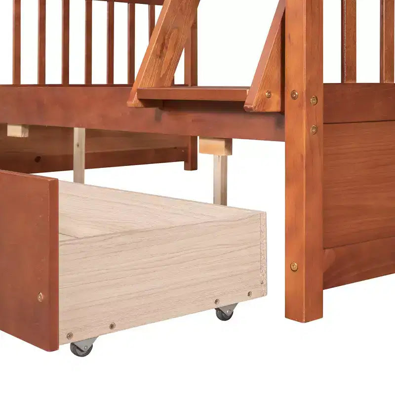 Letto a Castello con Cassetti, Struttura in Legno di Pino Massiccio e Scaletta con Sponde di Sicurezza, per Bambini e Ragazzi