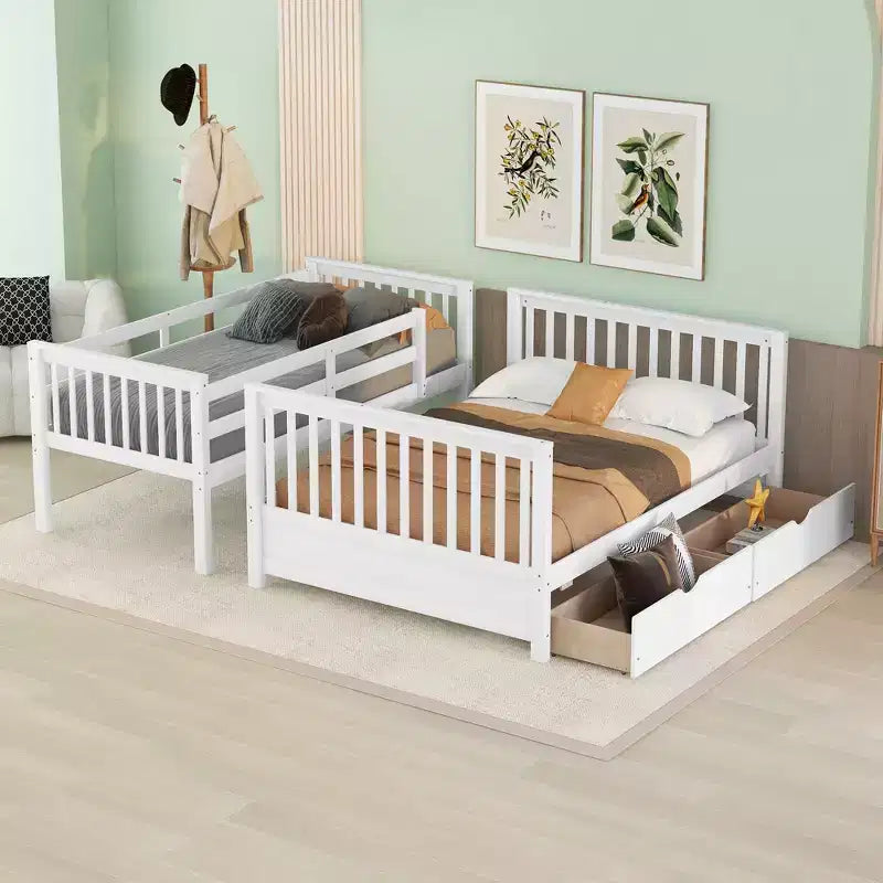 Letto a Castello con Cassetti, Struttura in Legno di Pino Massiccio e Scaletta con Sponde di Sicurezza, per Bambini e Ragazzi