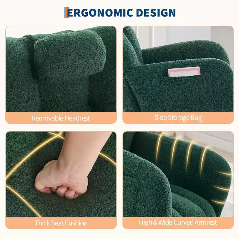 Dondolo a bilanciere per cameretta, capacità 136 kg, rivestito in Teddy con gambe in legno per soggiorno, camera da letto, cameretta, include tasche laterali