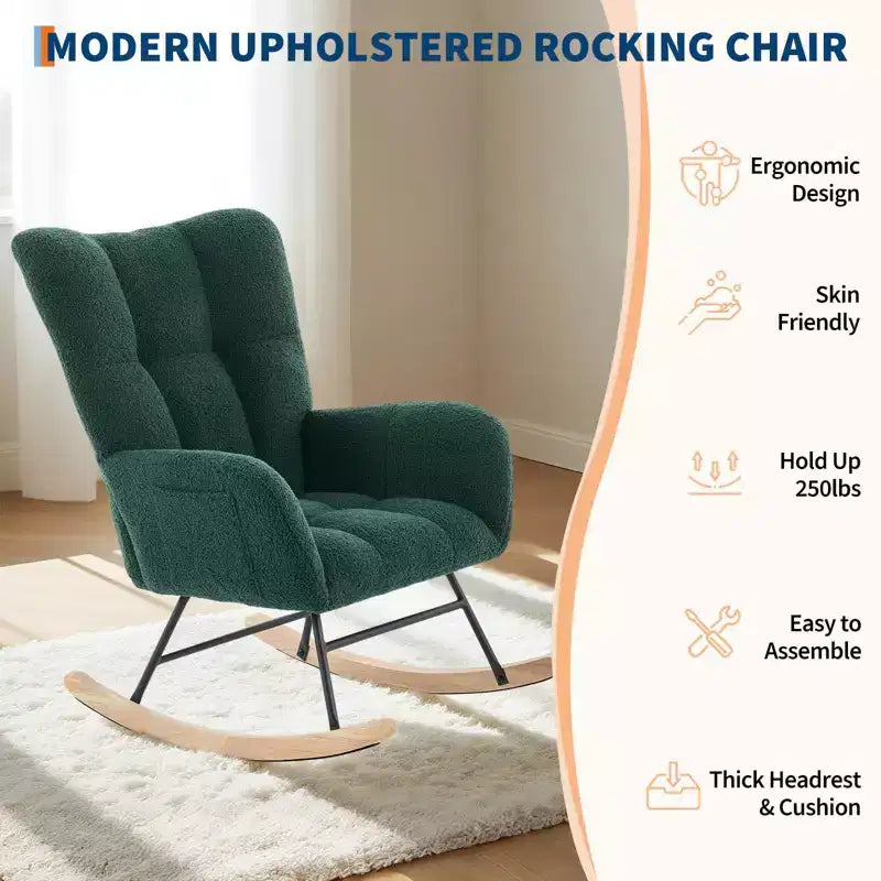 Dondolo a bilanciere per cameretta, capacità 136 kg, rivestito in Teddy con gambe in legno per soggiorno, camera da letto, cameretta, include tasche laterali