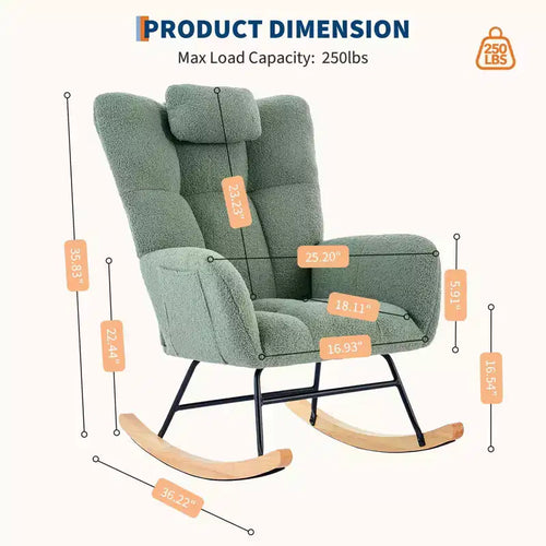 Dondolo a bilanciere per cameretta, capacità 136 kg, rivestito in Teddy con gambe in legno per soggiorno, camera da letto, cameretta, include tasche laterali