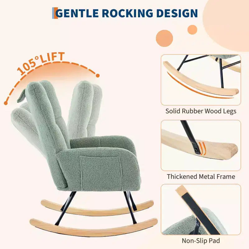 Dondolo a bilanciere per cameretta, capacità 136 kg, rivestito in Teddy con gambe in legno per soggiorno, camera da letto, cameretta, include tasche laterali