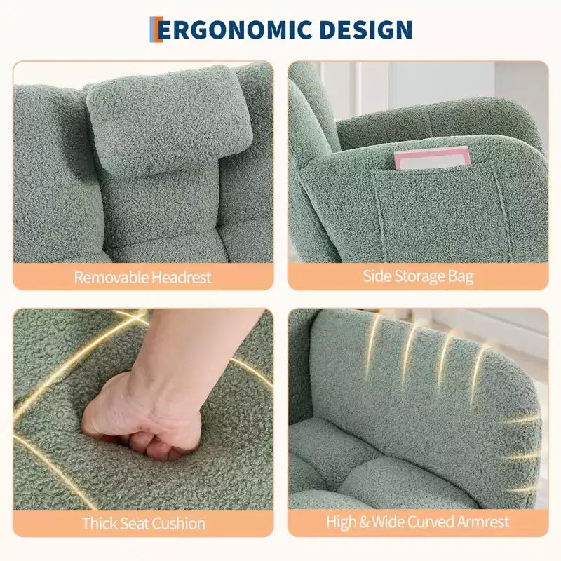 Dondolo a bilanciere per cameretta, capacità 136 kg, rivestito in Teddy con gambe in legno per soggiorno, camera da letto, cameretta, include tasche laterali