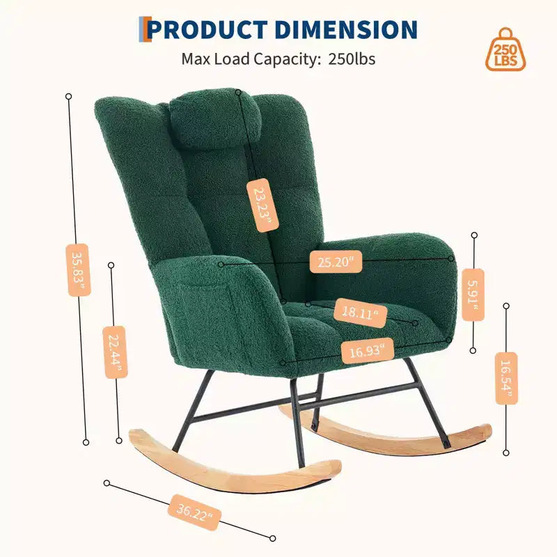 Dondolo a bilanciere per cameretta, capacità 136 kg, rivestito in Teddy con gambe in legno per soggiorno, camera da letto, cameretta, include tasche laterali