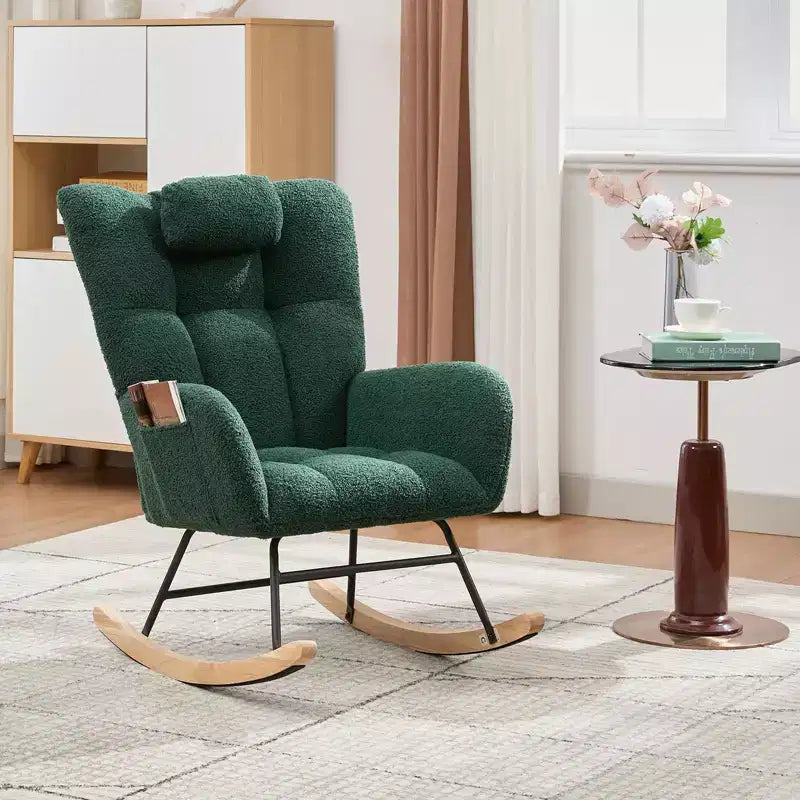 Dondolo a bilanciere per cameretta, capacità 136 kg, rivestito in Teddy con gambe in legno per soggiorno, camera da letto, cameretta, include tasche laterali