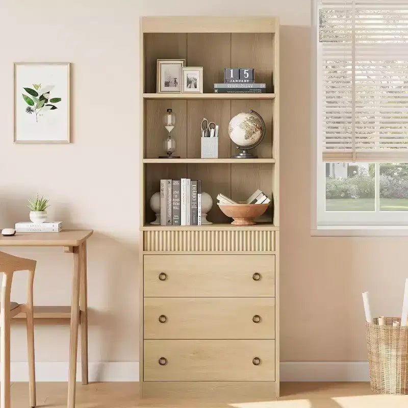Libreria scanalata da 71 pollici con 3 cassetti e 3 ripiani aperti, libreria alta con design ondulato per soggiorno e ufficio