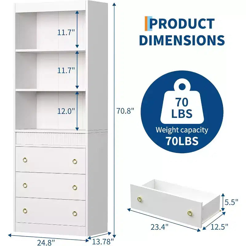 Libreria scanalata da 71 pollici con 3 cassetti e 3 ripiani aperti, libreria alta con design ondulato per soggiorno e ufficio