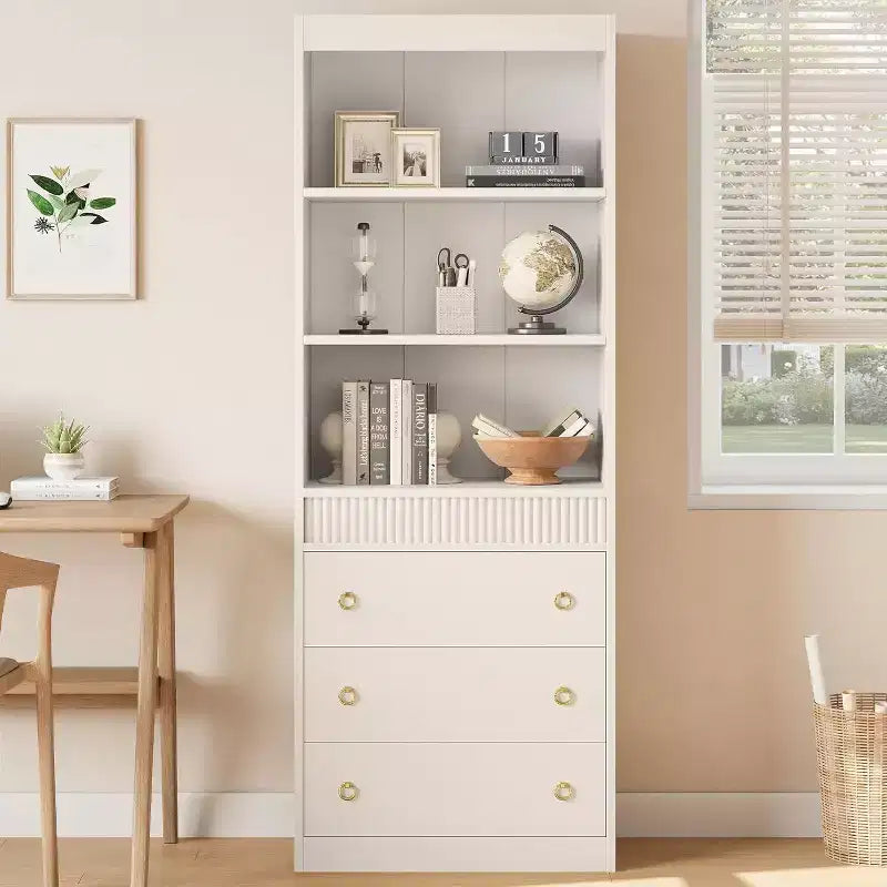 Libreria scanalata da 71 pollici con 3 cassetti e 3 ripiani aperti, libreria alta con design ondulato per soggiorno e ufficio